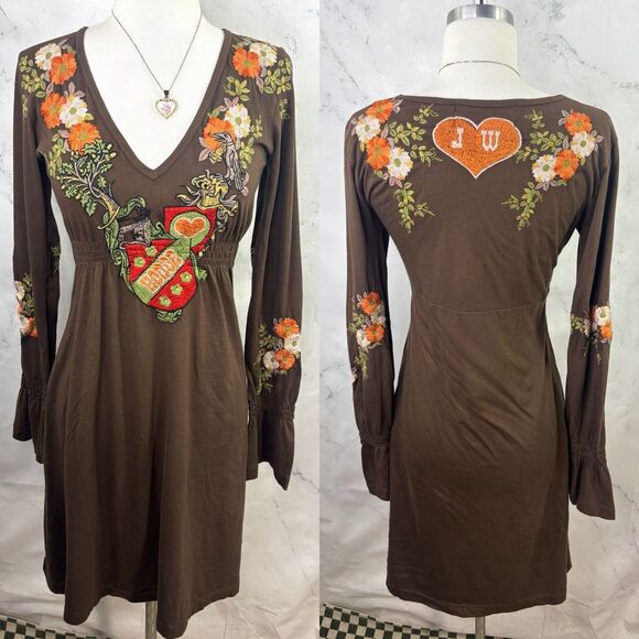 Johnny Was Dresses & Skirts - Johnny Was Brown Floral Embroidered Mini Dress with Orange Accents